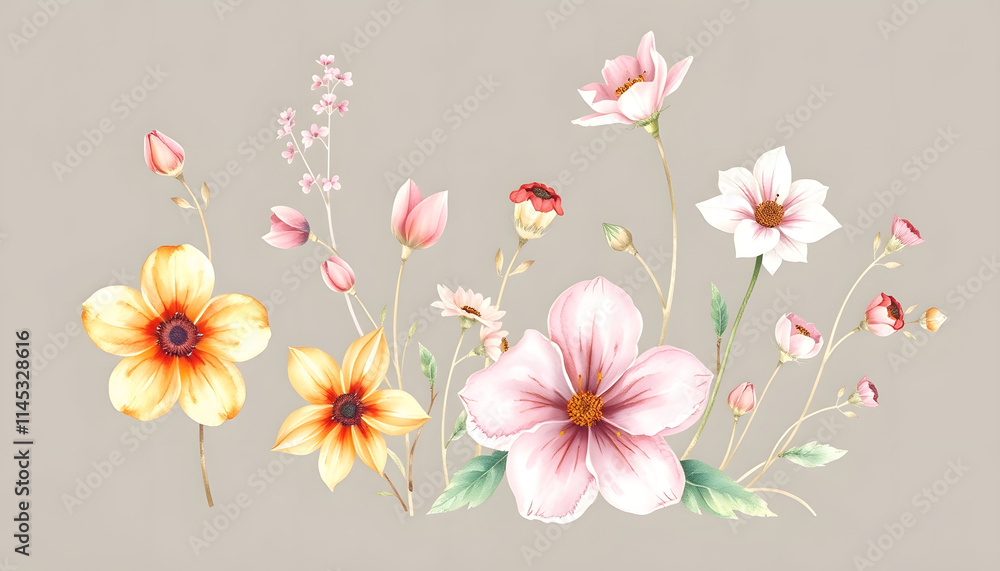Fototapeta premium Flowers watercolor illustration.Manual composition.Big Set watercolor elements, hand-drawn digital illustration, with white tones