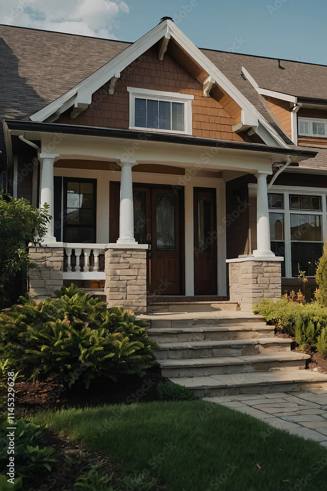 Suburban House with Stone Porch and Brown Siding Suburban House with Stone Porch and Brown Siding