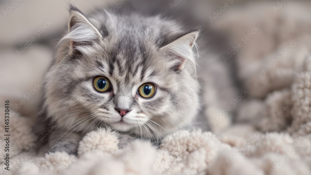 Adorable Fluffy Gray Kitten Relaxing on Soft Beige Blanket Adorable Fluffy Gray Kitten Relaxing on Soft Beige Blanket