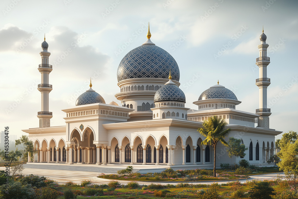 Obraz premium A minimalist 3D illustration of a mosque in Malaysia, highlighting tiered roofs and traditional Islamic patterns, placed on a blank white background. The design exudes simplicity.