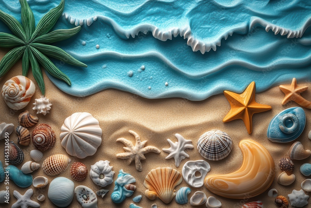 Enjoying a sunny day at the beach with shells, sand, and vibrant ocean waves Enjoying a sunny day at the beach with shells, sand, and vibrant ocean waves