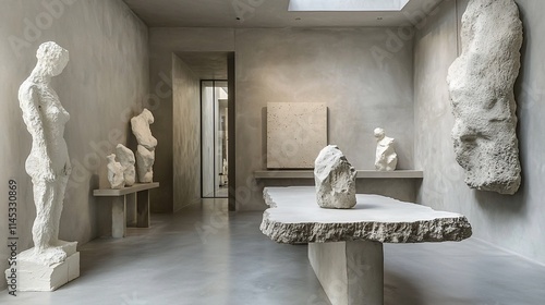 Minimalist gallery interior with stone sculptures and a long table. photo