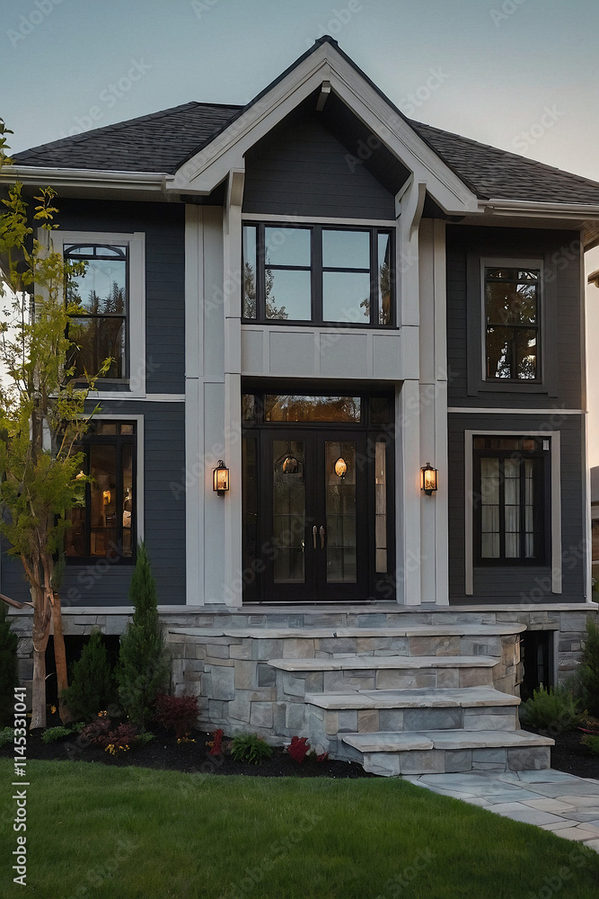 Obraz premium Two-story dark gray house with white columns flanking the entrance. The house features multiple large windows, a stone staircase, and landscaping. The style is contemporary with classical elements.