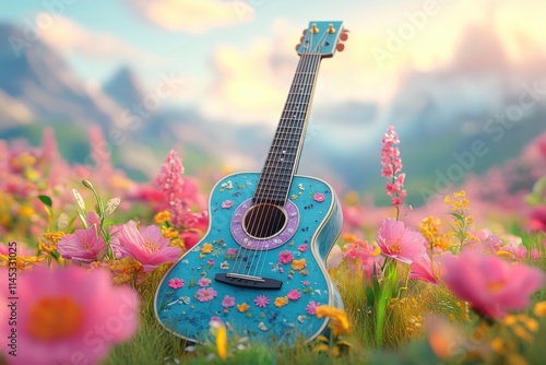 Colorful cartoon guitar surrounded by vibrant flowers in a beautiful landscape