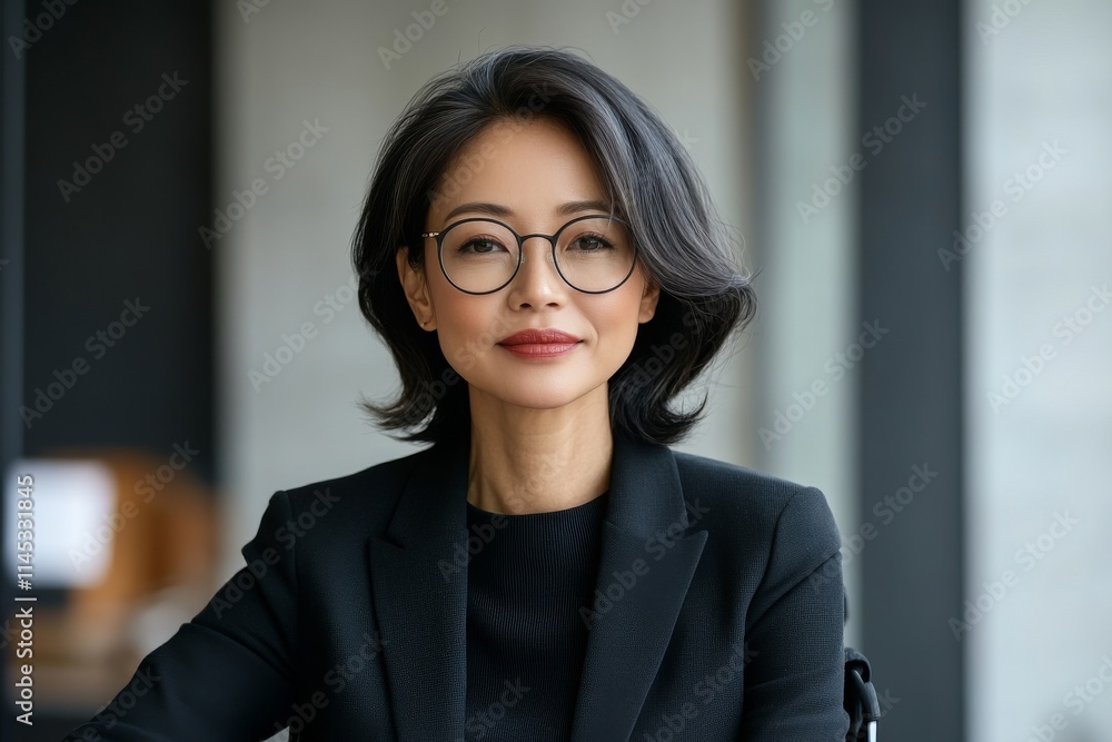 Professional woman in business attire poses confidently in a modern office setting during daylight hours Professional woman in business attire poses confidently in a modern office setting during daylight hours