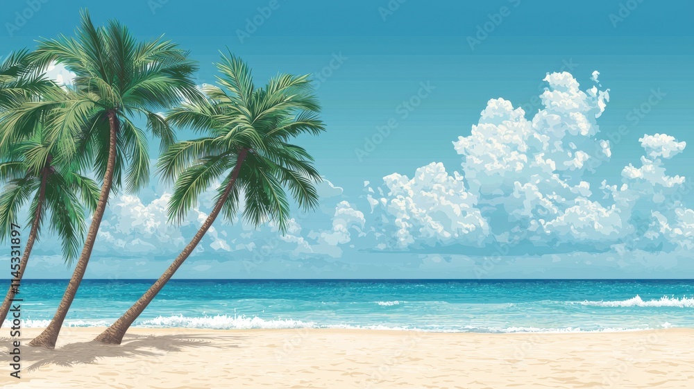 Fototapeta premium Idyllic Tropical Beach Scene Palm Trees Ocean and Sky