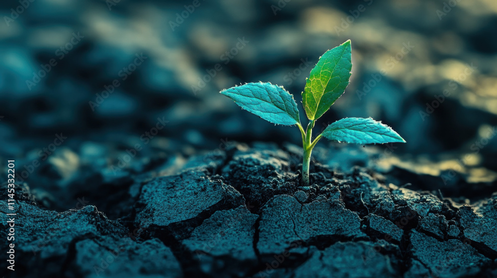 A sprout growing on cracked earth, symbolizing the resilience of nature in light blue and green colors A sprout growing on cracked earth, symbolizing the resilience of nature in light blue and green colors