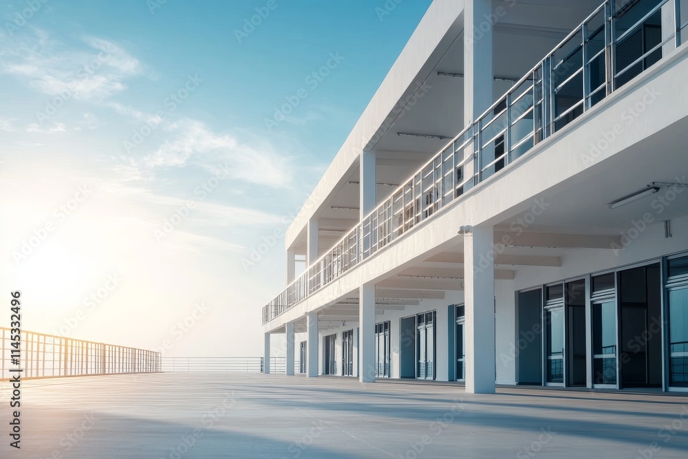 Fototapeta premium Modern architectural design showcasing an empty terrace and building exterior during sunset in a serene environment