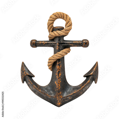 Rustic Anchor with Rope on Transparent Background photo