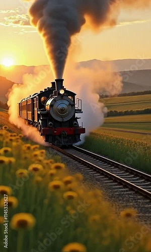 A cinematic train moving through picturesque countryside showcasing travel and scenic beauty photo