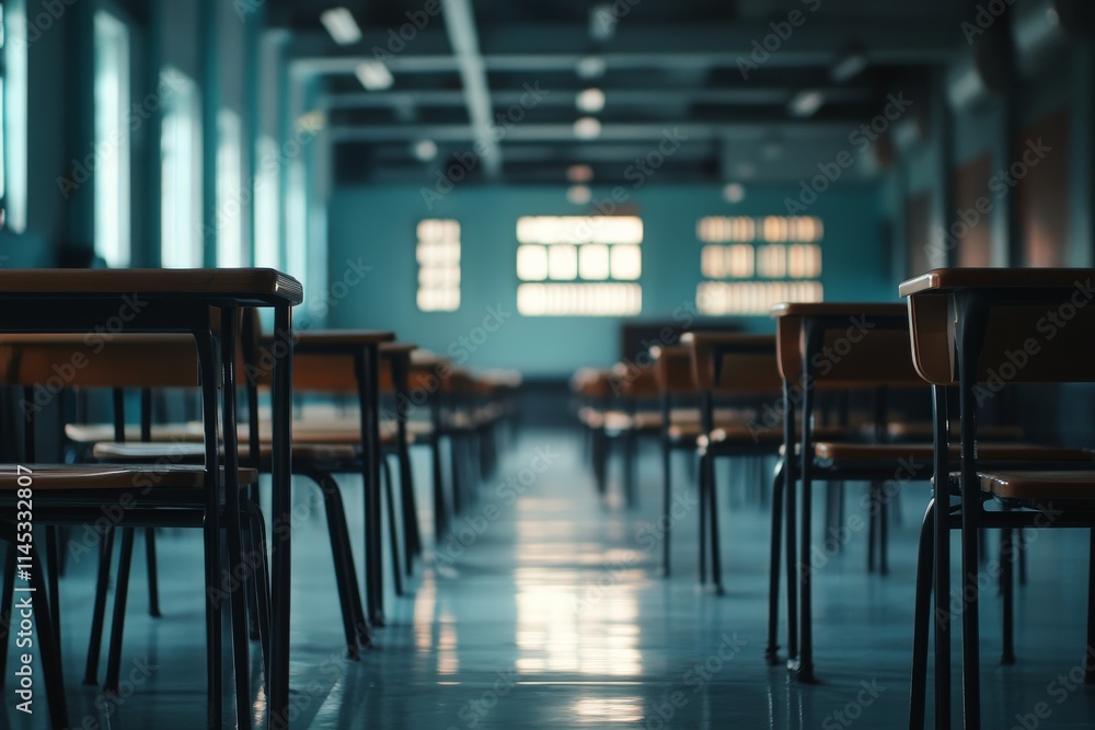 Rows of empty school desks in a quiet classroom with colorful walls and bright windows overlooking the hallway in the afternoon light Rows of empty school desks in a quiet classroom with colorful walls and bright windows overlooking the hallway in the afternoon light