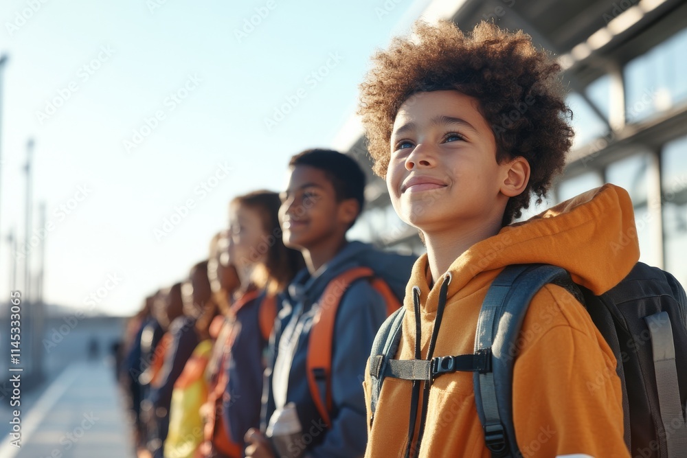 Group of children wait at the train station as the sun rises, filled with excitement for a school trip day Group of children wait at the train station as the sun rises, filled with excitement for a school trip day