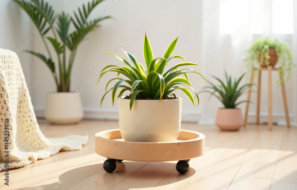 Cozy Room with Potted Plants on Wooden Plant Stand with Wheels Cozy Room with Potted Plants on Wooden Plant Stand with Wheels