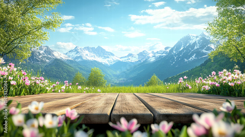 Spring background with a wooden table top, green grass, and white flowers in front of the spring mountains with snow on the peaks