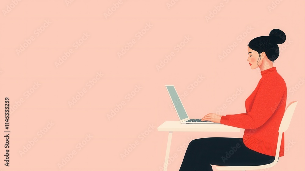 Woman Working on Laptop Minimalist Illustration Pink Background Modern Office Remote Work