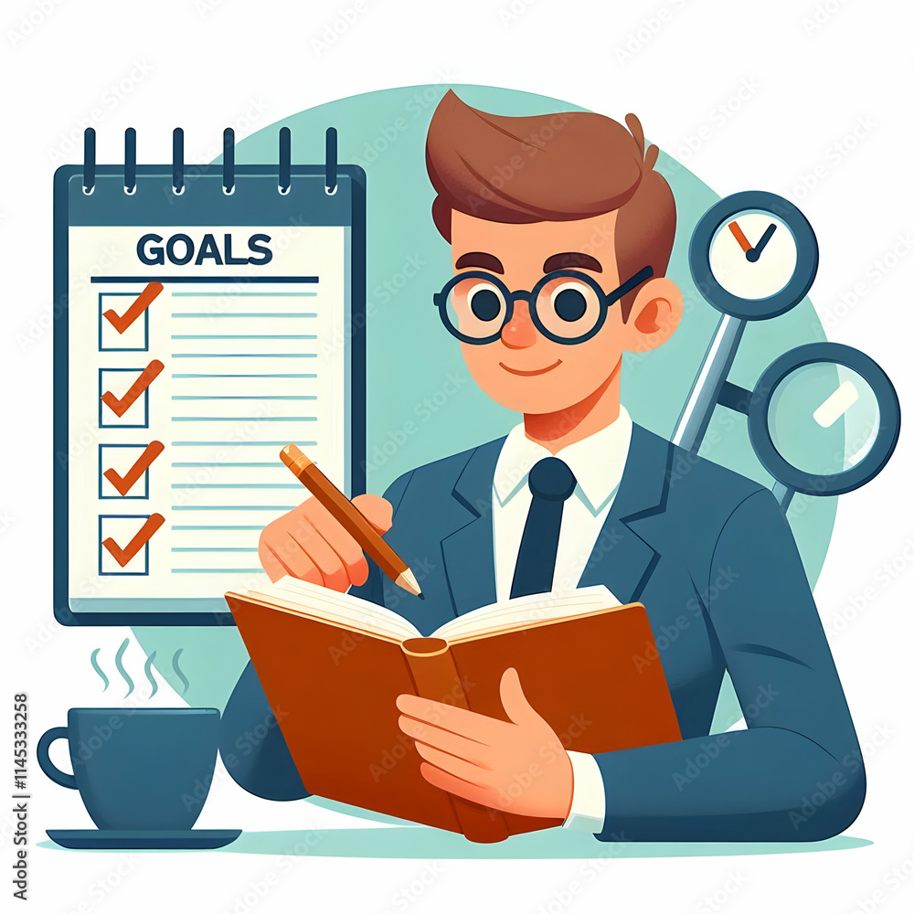 Flat Vector Illustration of Professional Writing Goals in Notebook for Personal Achievement Flat Vector Illustration of Professional Writing Goals in Notebook for Personal Achievement