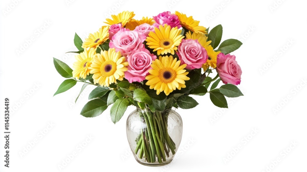 Vibrant bouquet of yellow gerbera daisies and pink roses in a clear glass vase on white background. (2) Vibrant bouquet of yellow gerbera daisies and pink roses in a clear glass vase on white background. (2)
