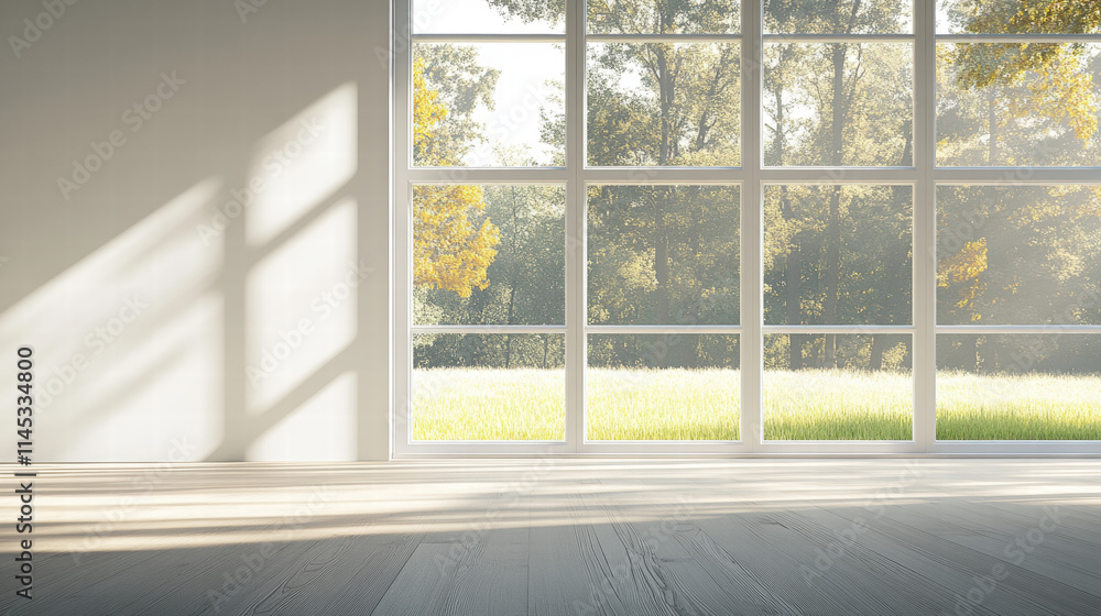 A large window in an empty room with white walls and light wood flooring, looking out onto trees and grass outside A large window in an empty room with white walls and light wood flooring, looking out onto trees and grass outside