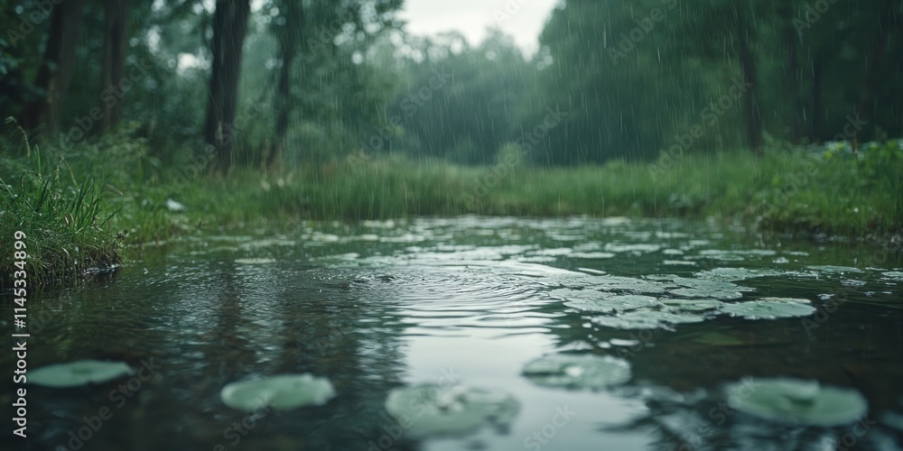 Rainy Tranquility Over Lily Pad-Laden Stream in a Serene Forest Nature Photography Peaceful Natural Landscape Close-up View Environmental Beauty Rainy Tranquility Over Lily Pad-Laden Stream in a Serene Forest Nature Photography Peaceful Natural Landscape Close-up View Environmental Beauty