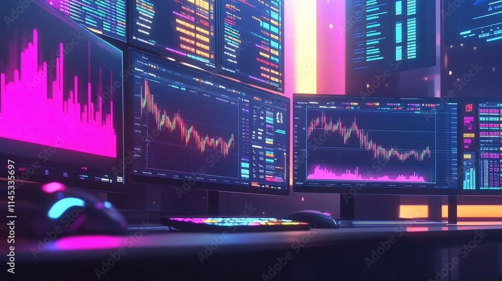 Fototapeta premium Modern Trader Workspace with Vibrant Stock Charts and Data Displays