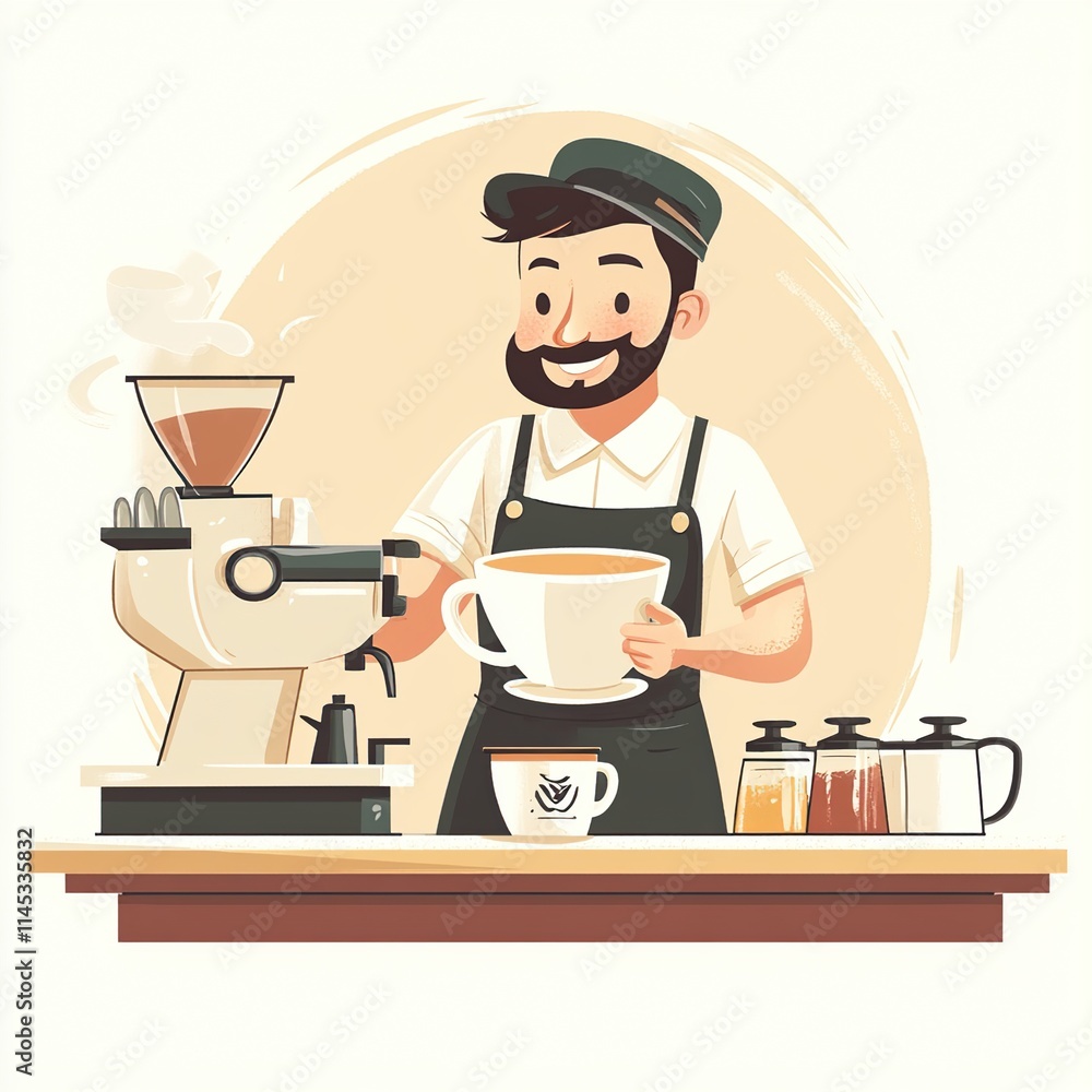 Happy barista serving large coffee.