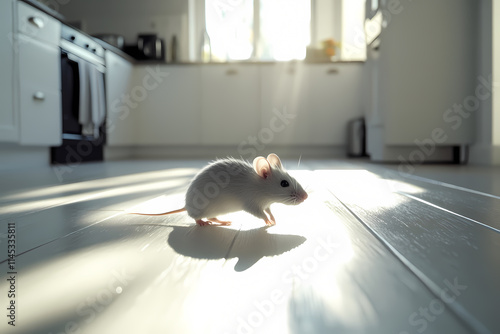 A small rat scurries across a sunlit kitchen floor. photo