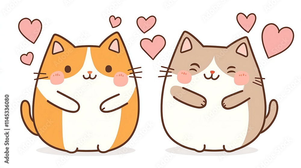 Fototapeta premium Two kawaii 2D cartoon vector cats holding paws, blushing cheeks, love hearts floating around, simple design, white background. 
