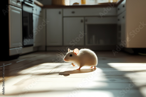 A small rat scurries across a sunlit kitchen floor. photo