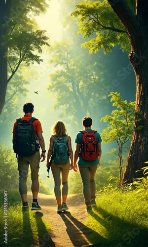 Group of travelers with backpacks hiking through a dense forest showcasing exploration and outdoor adventure photo