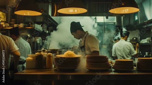 A bustling restaurant kitchen with steam rising from hot dishes, a stack of plates on the counter, and chefs in motion. The focus is centered around one plate filled with steaming rice, surrounded 