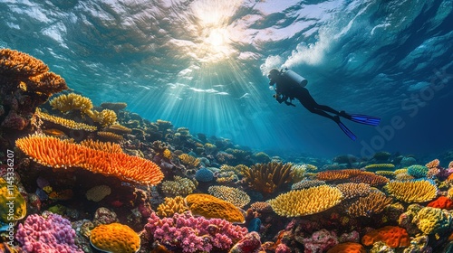 Scuba Diver Exploring Vibrant Coral Reef photo