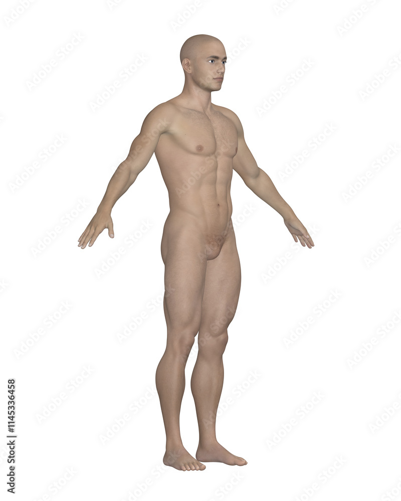 Male Human Body Side View. Anatomical Model Isolated on White Background.