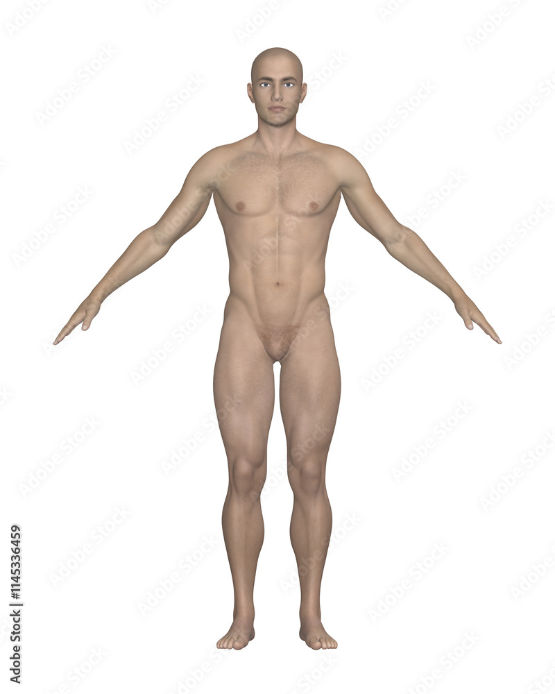 Male Human Body Side View. Anatomical Model Isolated on White Background.