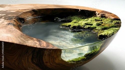 Wooden bowl with resin, water, and moss.