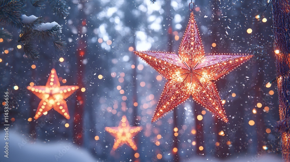 Illuminated star lanterns hanging on snowy trees in winter forest. Illuminated star lanterns hanging on snowy trees in winter forest.
