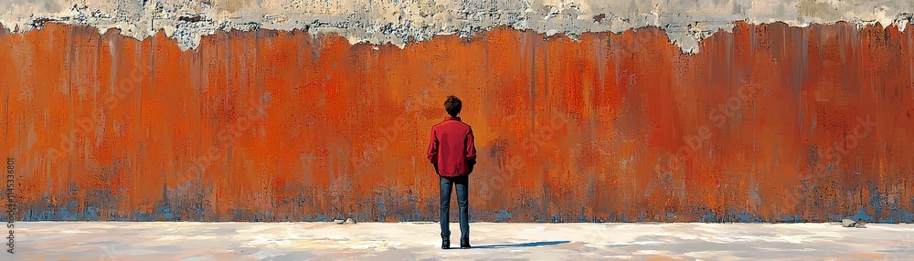 Obraz premium Contemplative figure gazing at an abstract weathered wall, reflecting solitude, introspection, and the pursuit of inspiration in a vivid urban landscape
