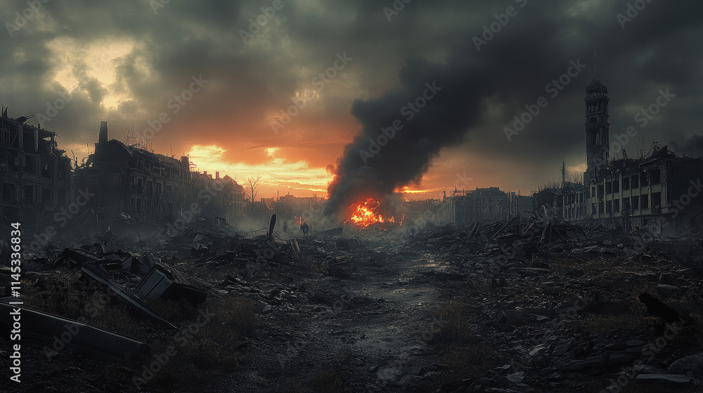 The city after the war, the ruins of buildings, the charred remains billowing smoke in the ruins under the dark clouds The city after the war, the ruins of buildings, the charred remains billowing smoke in the ruins under the dark clouds