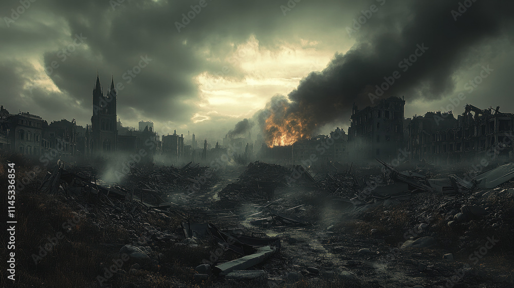 The city after the war, the ruins of buildings, the charred remains billowing smoke in the ruins under the dark clouds The city after the war, the ruins of buildings, the charred remains billowing smoke in the ruins under the dark clouds