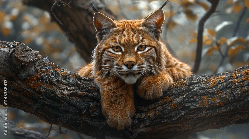 A majestic bobcat, its striking orange fur contrasting against the dark bark of a tree, rests peacefully in its woodland habitat. A majestic bobcat, its striking orange fur contrasting against the dark bark of a tree, rests peacefully in its woodland habitat.