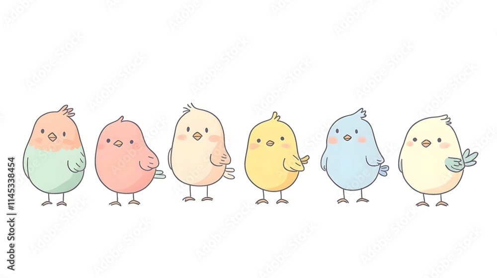 Six Pastel Colored Birds Line Up In A Row Six Pastel Colored Birds Line Up In A Row