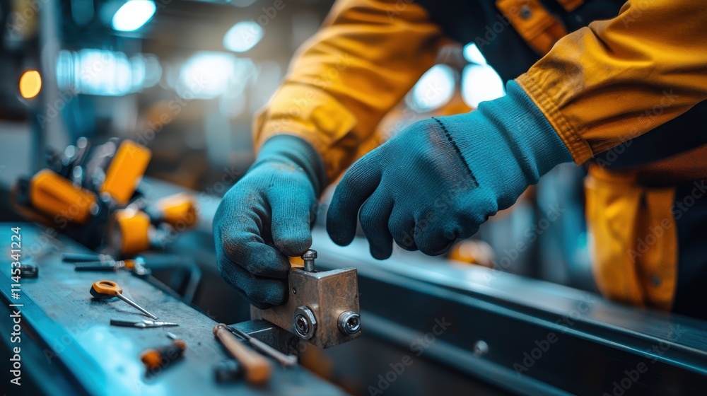 Escalator Installer Concepts. Worker in gloves assembling machinery with tools in a workshop environment. Escalator Installer Concepts. Worker in gloves assembling machinery with tools in a workshop environment.