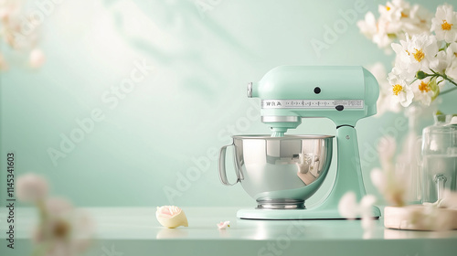 Mint green stand mixer with delicate floral shadows photo