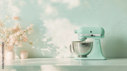 A pastel mint green stand mixer with a polished stainless steel bowl sits gracefully on a countertop, surrounded by delicate white flowers, creating a serene and stylish kitchen setting. photo