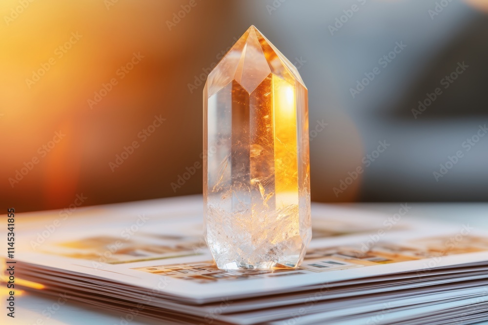Housing investment demand Concepts. A clear quartz crystal illuminated by warm light on a stack of magazines.