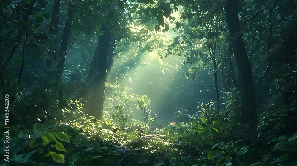 A serene woodland illuminated by the soft glow of the rising sun through green leaves A serene woodland illuminated by the soft glow of the rising sun through green leaves