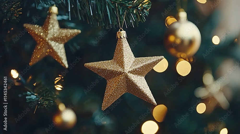 Gold star ornaments hanging on a Christmas tree with warm lights. Gold star ornaments hanging on a Christmas tree with warm lights.