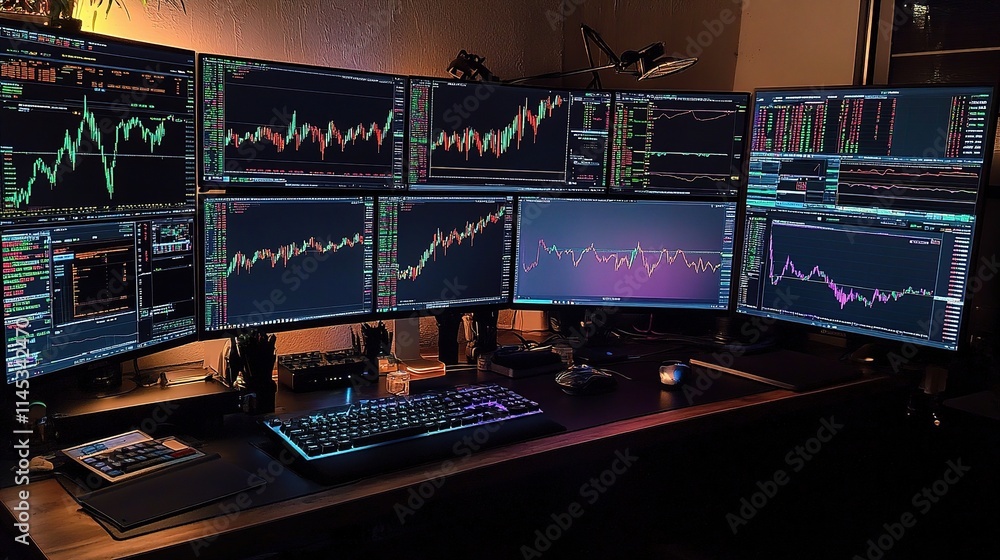 Modern Trader Workspace with Vibrant Stock Charts and Monitors Modern Trader Workspace with Vibrant Stock Charts and Monitors
