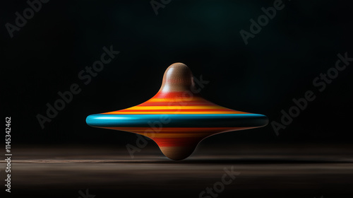 A traditional wooden spinning top with vibrant orange, blue, and yellow stripes captured mid-spin on a wooden surface against a dark background, emphasizing its elegant movement and craftsmanship. photo