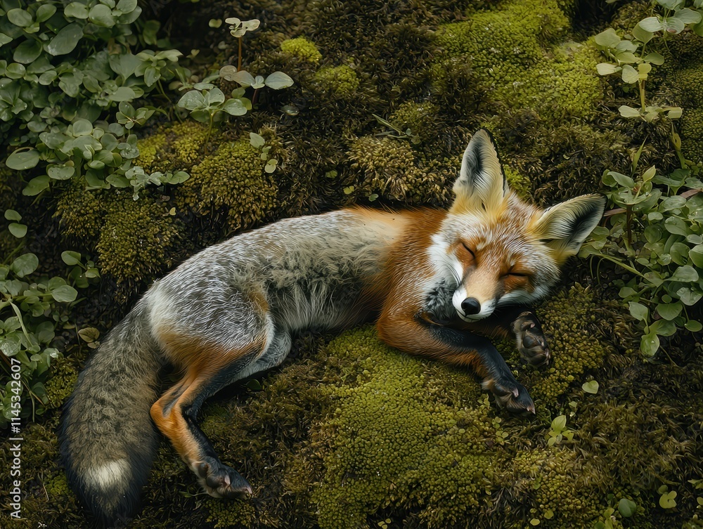 Fototapeta premium Fox Resting Peacefully in Mossy Forest Underbrush During Daylight