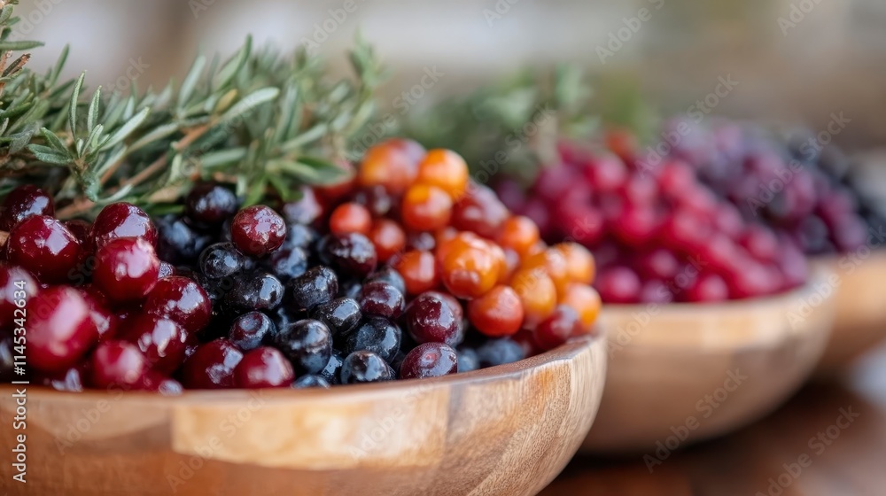 A vibrant display of fresh berries in wooden bowls, garnished with sprigs of rosemary, showcasing a colorful assortment ideal for healthy eating. A vibrant display of fresh berries in wooden bowls, garnished with sprigs of rosemary, showcasing a colorful assortment ideal for healthy eating.